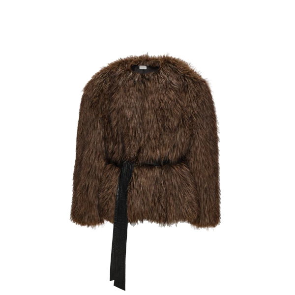Belted faux fur jacket in brown