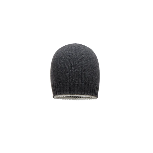 Cashmere crochet-trim beanie in dark grey