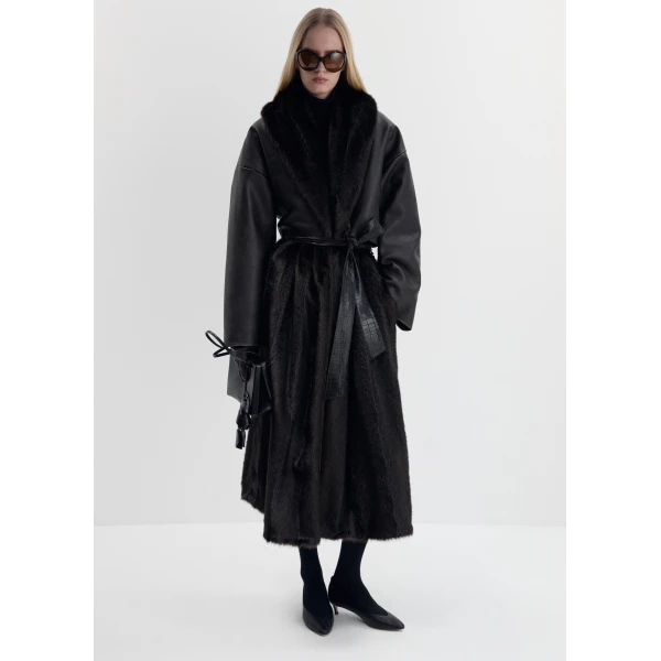 Magda Butrym Faux fur coat with leather cape in dark brown, view 3