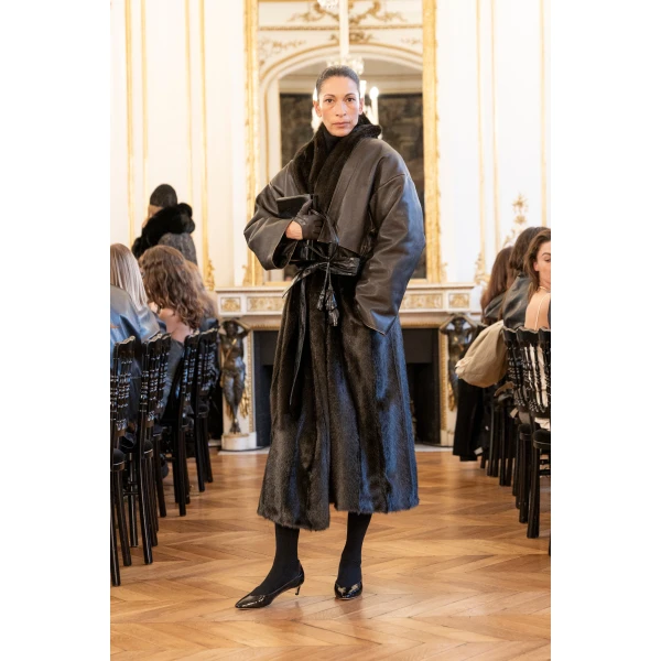 Magda Butrym Faux fur coat with leather cape in dark brown, view 5