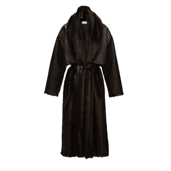 Magda Butrym Faux fur coat with leather cape in dark brown