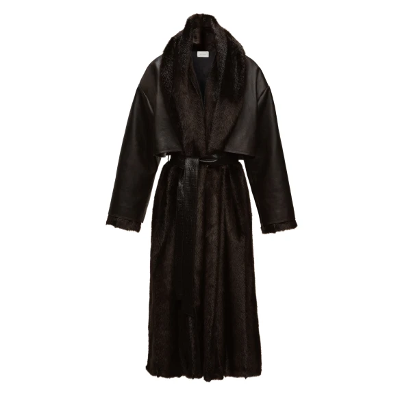 Faux fur coat with leather cape in dark brown