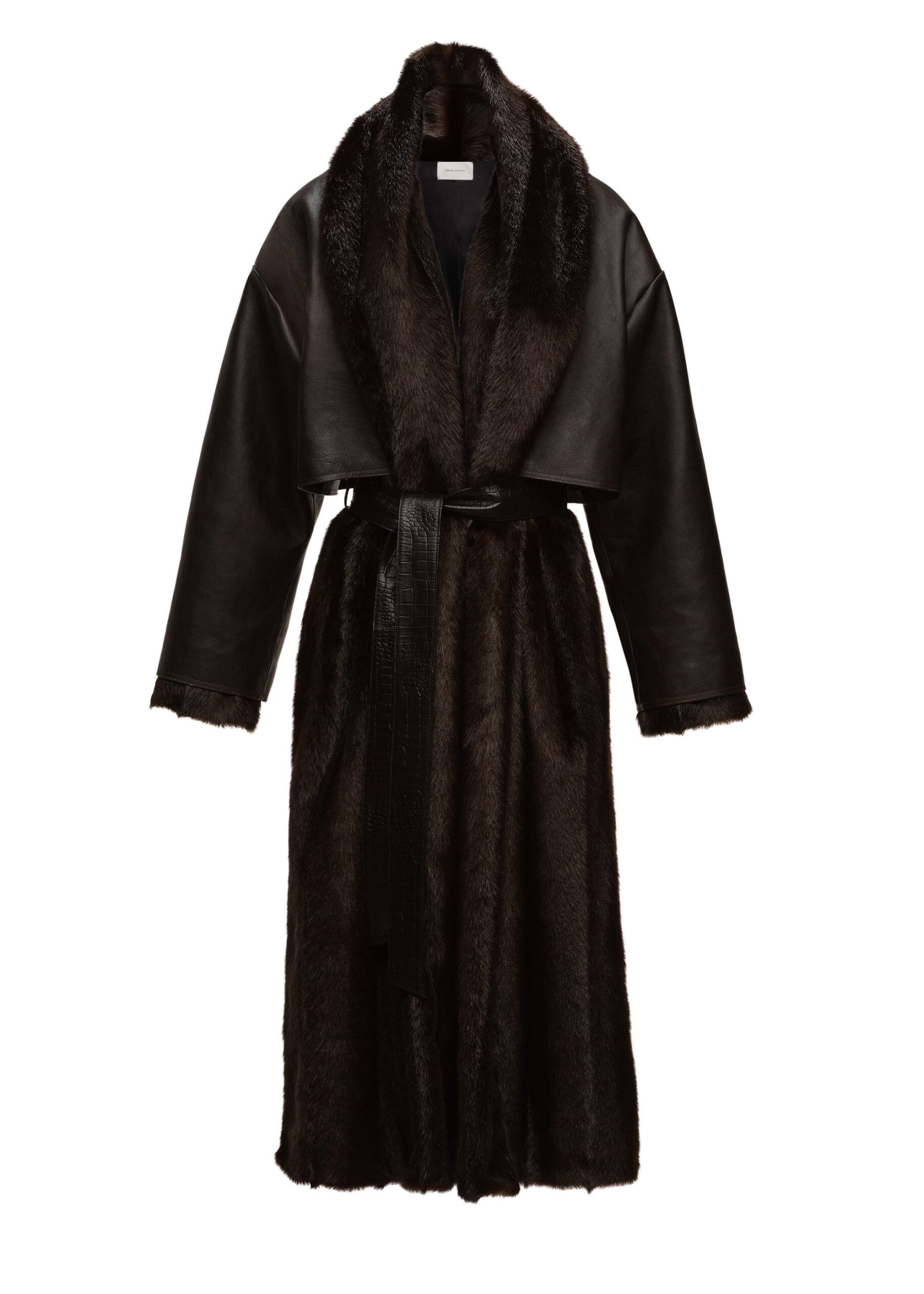 Magda Butrym Faux fur coat with leather cape in dark brown | Coats | Coveti Magda Butrym Faux fur coat with leather cape in dark brown