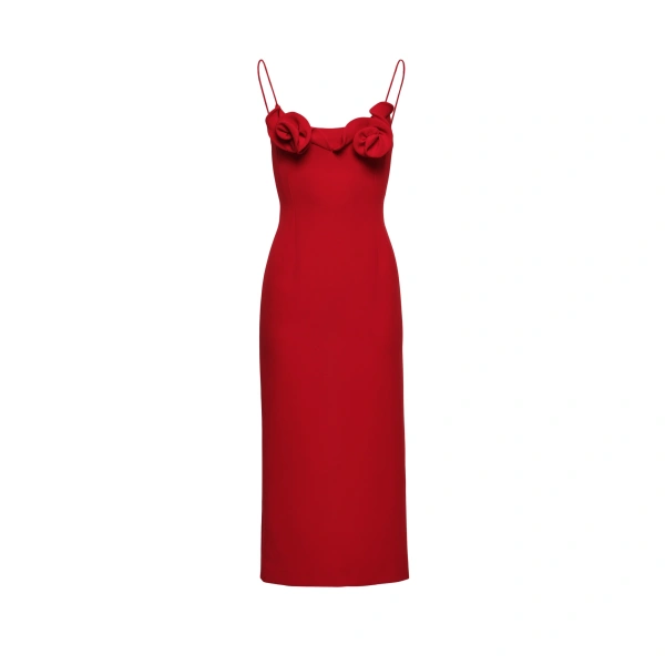 Floral appliqué strap midi dress in red