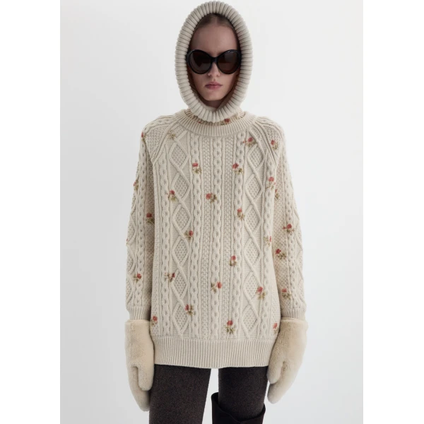 Magda Butrym Floral cable knit sweater in cream, view 3