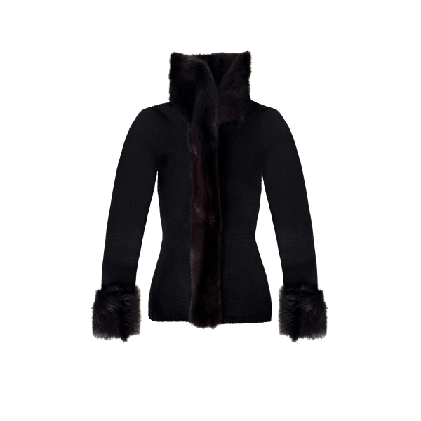 Fur collar cardigan in black