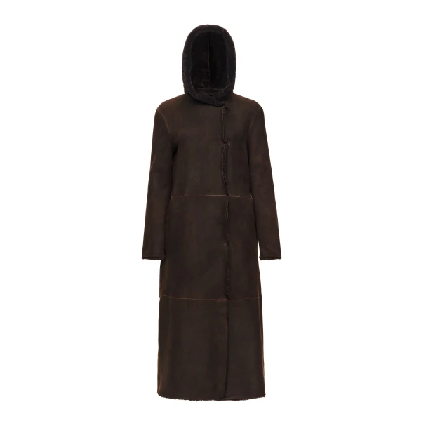 Fur hooded coat in brown