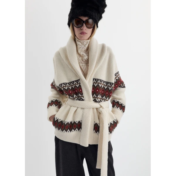 Magda Butrym Geometric belted wool cardigan in cream, view 3