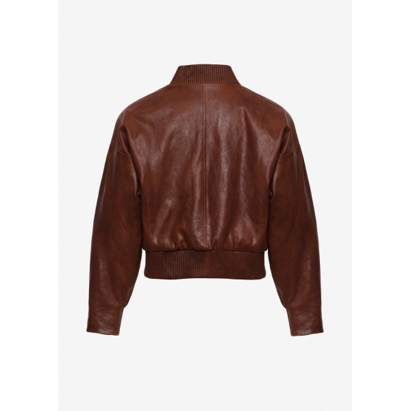Magda Butrym Leather cropped jacket with ribbed collar in brown, view 2