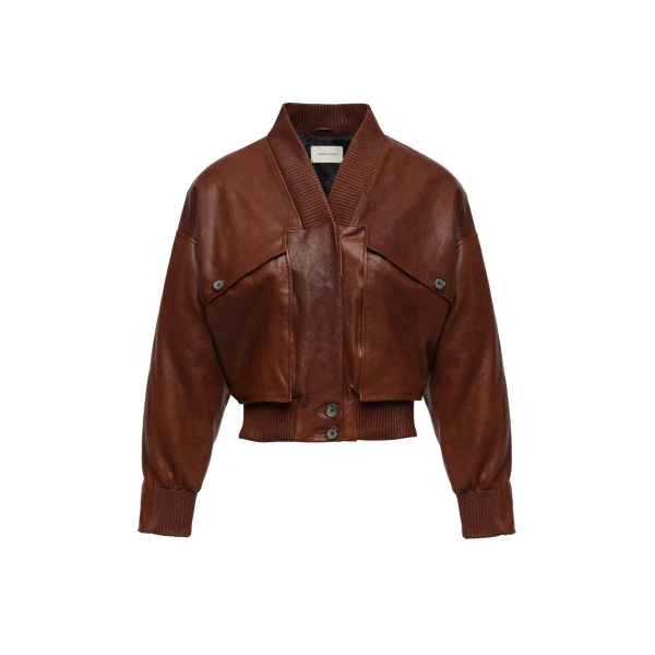 Leather cropped jacket with ribbed collar in brown