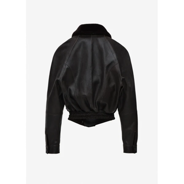 Magda Butrym Leather jacket with fur collar in dark brown, view 2