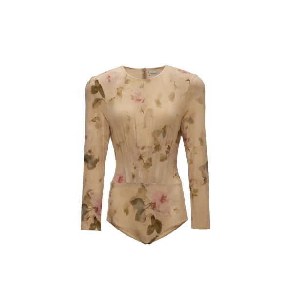 Magda Butrym Long-sleeve bodysuit in beige floral print