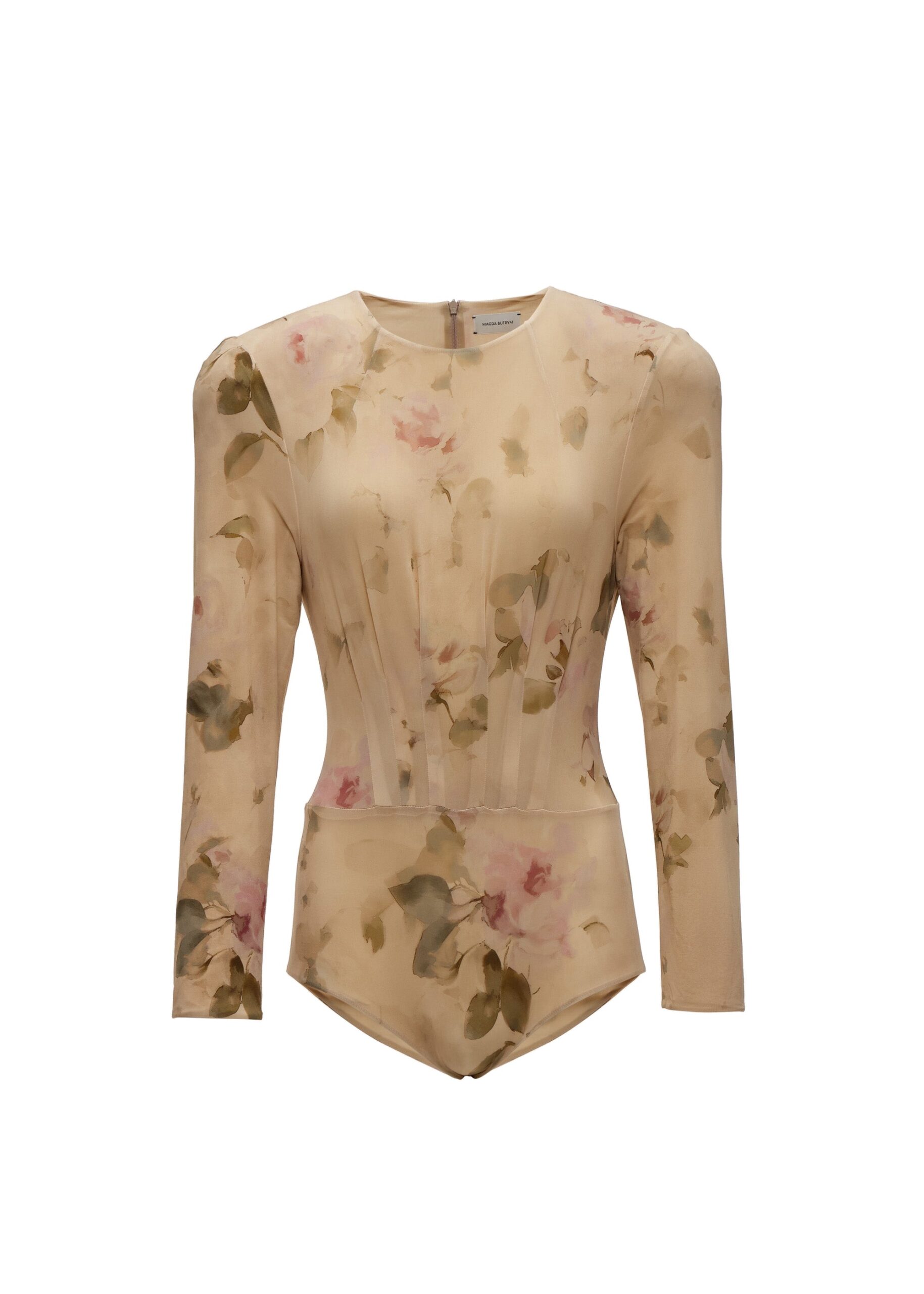 Magda Butrym Long-sleeve bodysuit in beige floral print | Tops | Coveti Magda Butrym Long-sleeve bodysuit in beige floral print