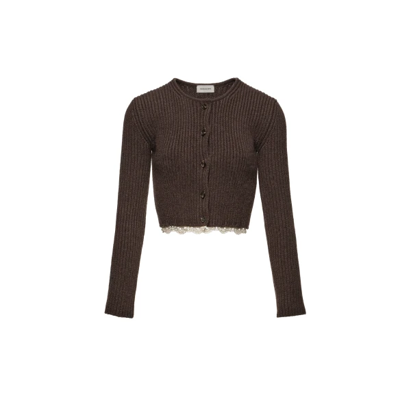 Long-sleeve crochet-trim cropped cardigan in brown