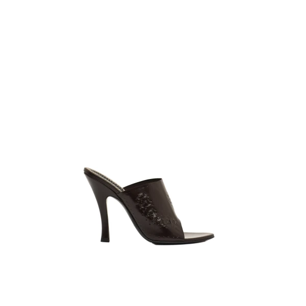 Podhale-style embroidered high-heel mules in brown
