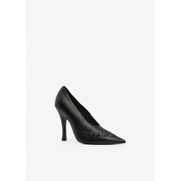 Magda Butrym Podhale-style embroidered pointed pumps in black leather, view 2