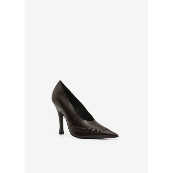 Magda Butrym Podhale-style embroidered pointed pumps in brown leather, view 2