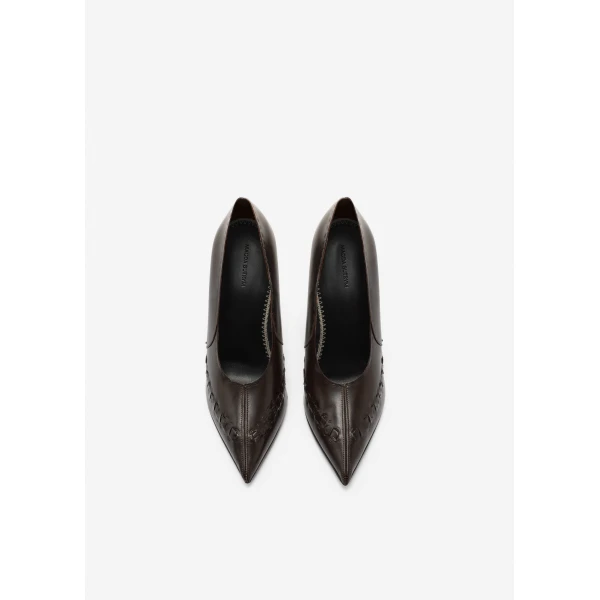 Magda Butrym Podhale-style embroidered pointed pumps in brown leather, view 3