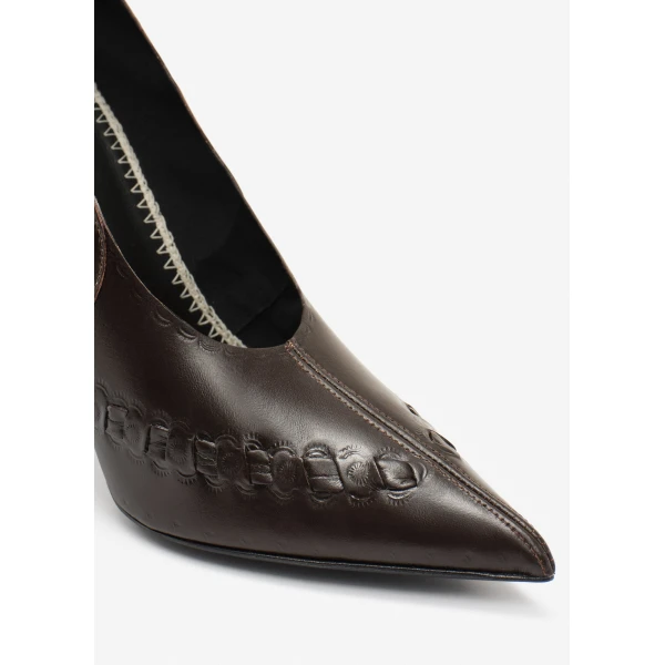 Magda Butrym Podhale-style embroidered pointed pumps in brown leather, view 4