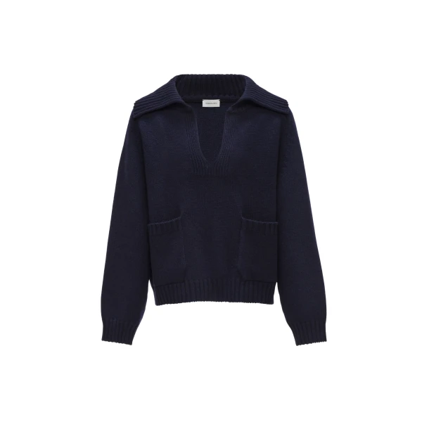 Relaxed wide collar knit sweater in navy