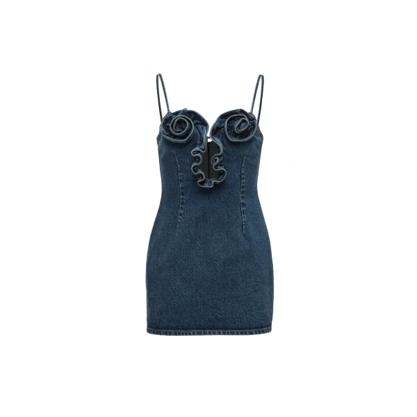 Rose-detail denim mini dress in blue