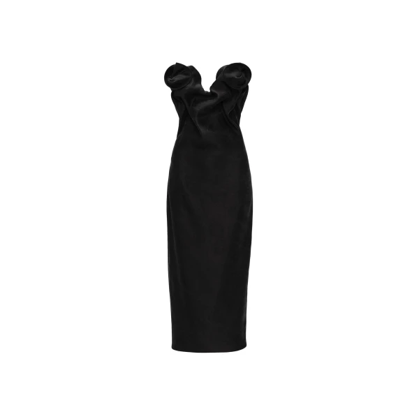 Rose draped corset midi dress in black