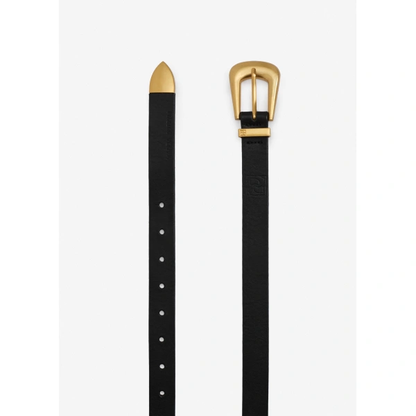 Magda Butrym Rounded buckle leather belt in black and gold, view 2
