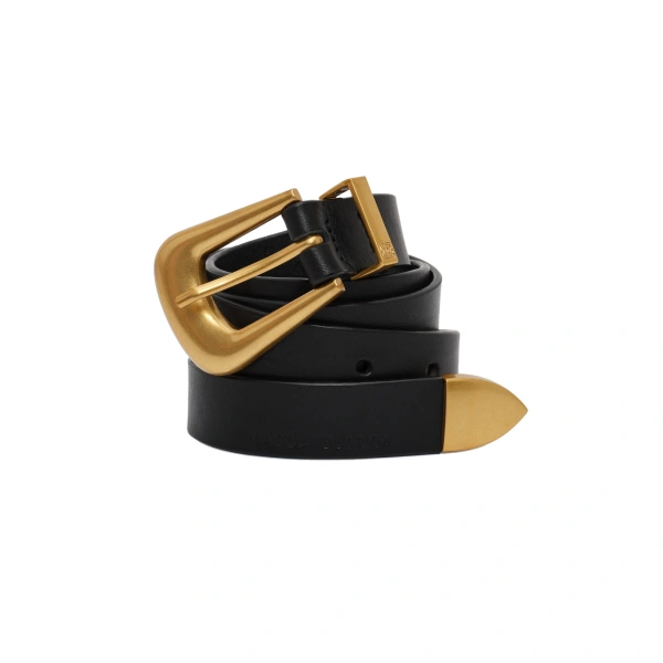 Rounded buckle leather belt in black and gold