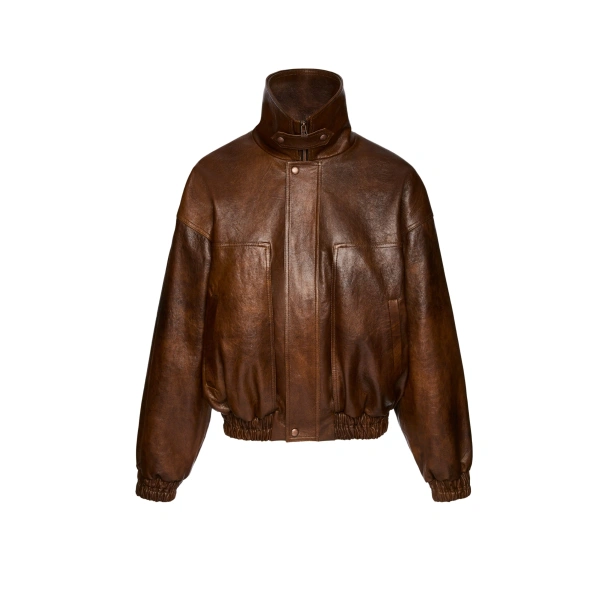 Snap-collar leather aviator jacket in vintage brown