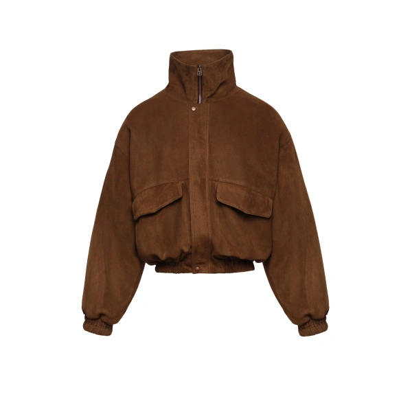 Stand collar leather jacket in brown suede