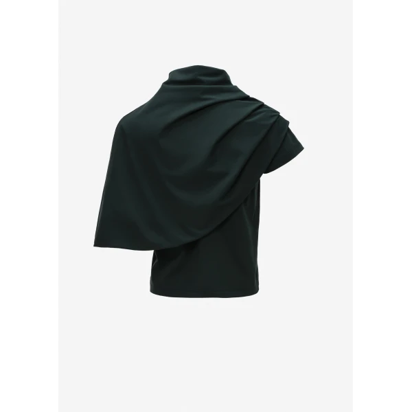Magda Butrym T-shirt with draped cape in dark green, view 2
