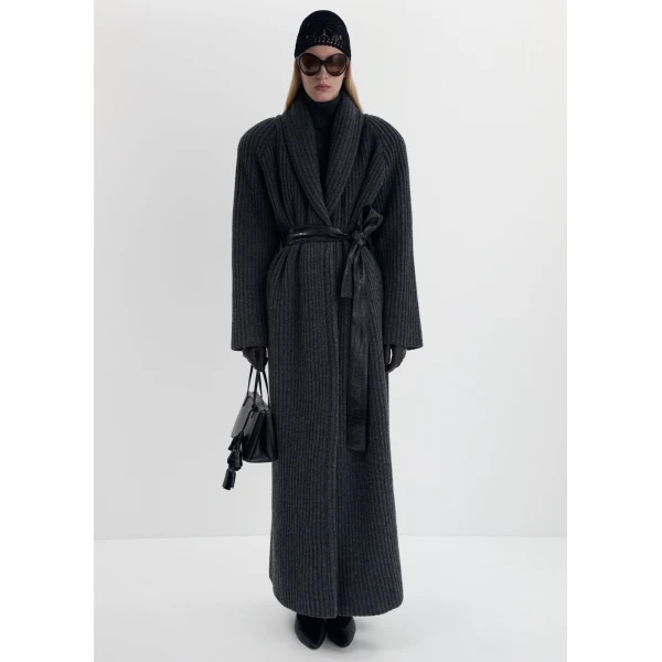 Magda Butrym Wool wrap coat with leather belt in grey, view 3