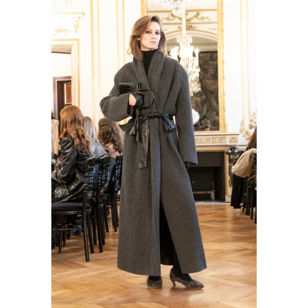 Magda Butrym Wool wrap coat with leather belt in grey, view 4