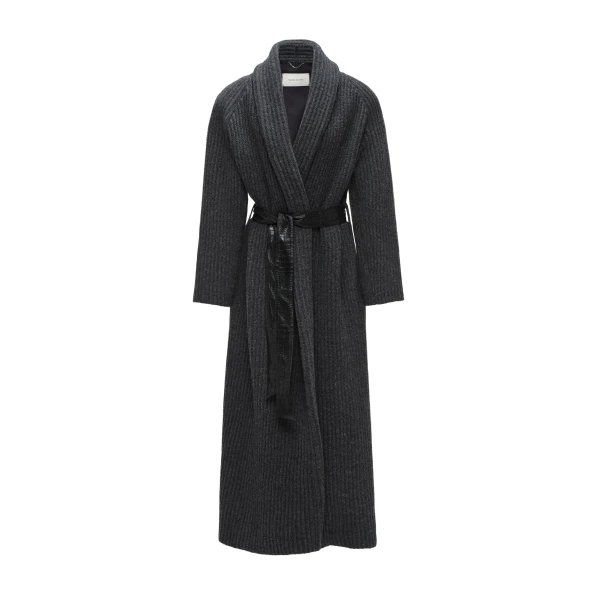 Wool wrap coat with leather belt in grey