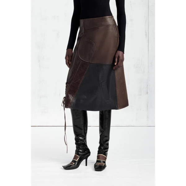 Maison Margiela Assemblage Calf Leather Midi Skirt in Brown | Leather Skirts | Coveti