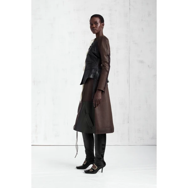 Maison Margiela Assemblage Calf Leather Midi Skirt in Brown | Leather Skirts | Coveti