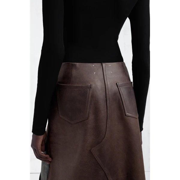 Maison Margiela Assemblage Calf Leather Midi Skirt in Brown | Leather Skirts | Coveti