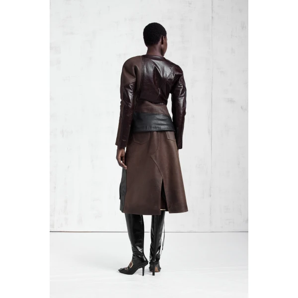 Maison Margiela Assemblage Calf Leather Midi Skirt in Brown | Leather Skirts | Coveti