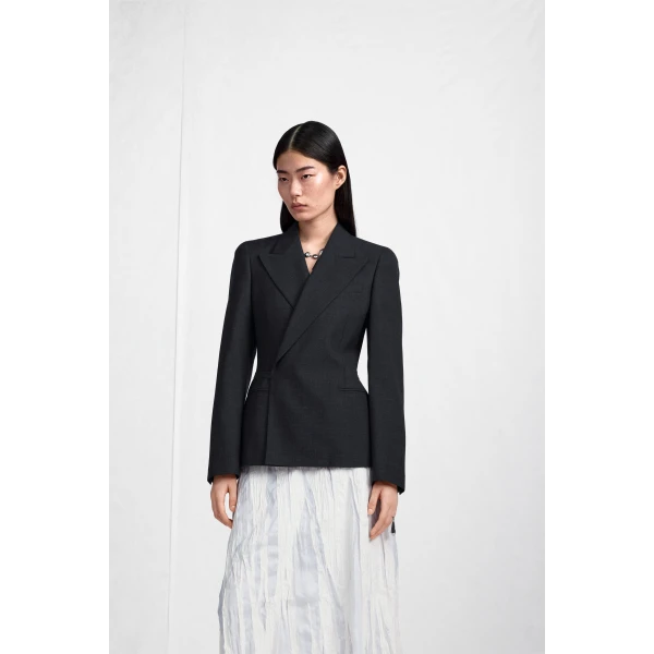 Maison Margiela Belted Peak-Lapel Wool Blazer in Dark Grey | Blazers | Coveti