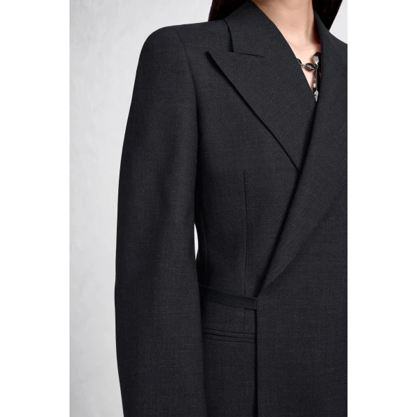 Maison Margiela Belted Peak-Lapel Wool Blazer in Dark Grey | Blazers | Coveti