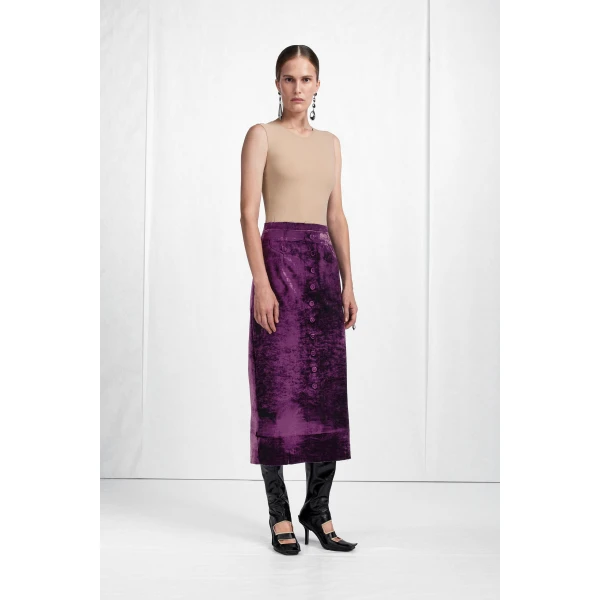 Maison Margiela Button-Front Velvet Midi Skirt in Purple | Midi Skirts | Coveti