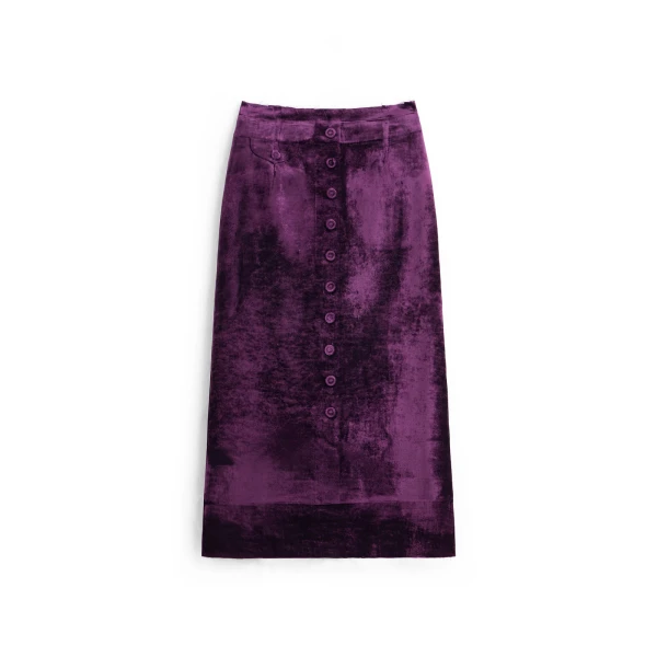 Button-Front Velvet Midi Skirt in Purple