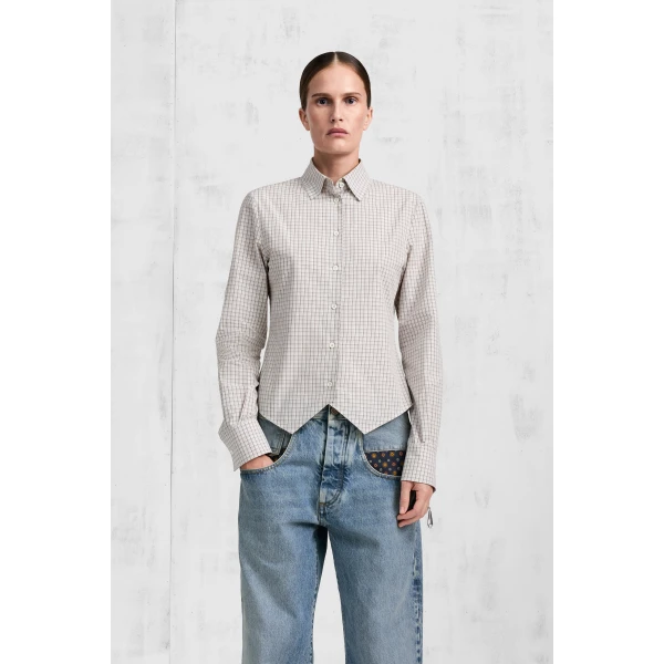 Maison Margiela Check Cotton Swallowtail Shirt in Light Grey | Shirts | Coveti