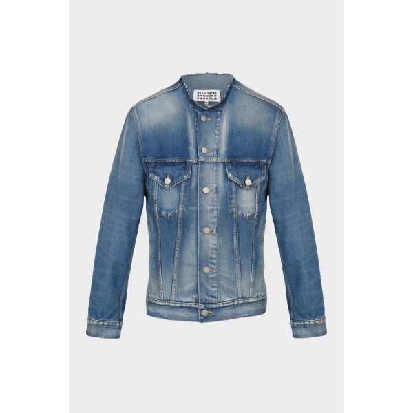 Maison Margiela Collarless Denim Jacket in Blue | Denim | Coveti