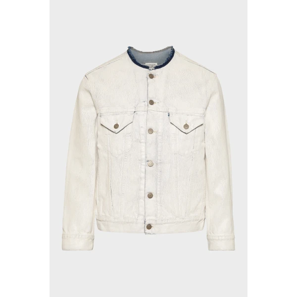 Maison Margiela Collarless Denim Jacket in White | Denim | Coveti
