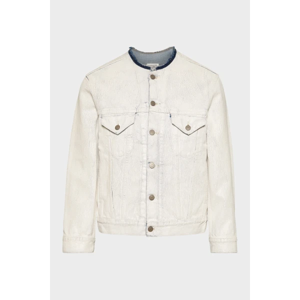 Maison Margiela Collarless Denim Jacket in White | Denim | Coveti