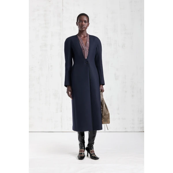 Maison Margiela Collarless Virgin Wool Coat in Navy Blue | Wool Coat | Coveti