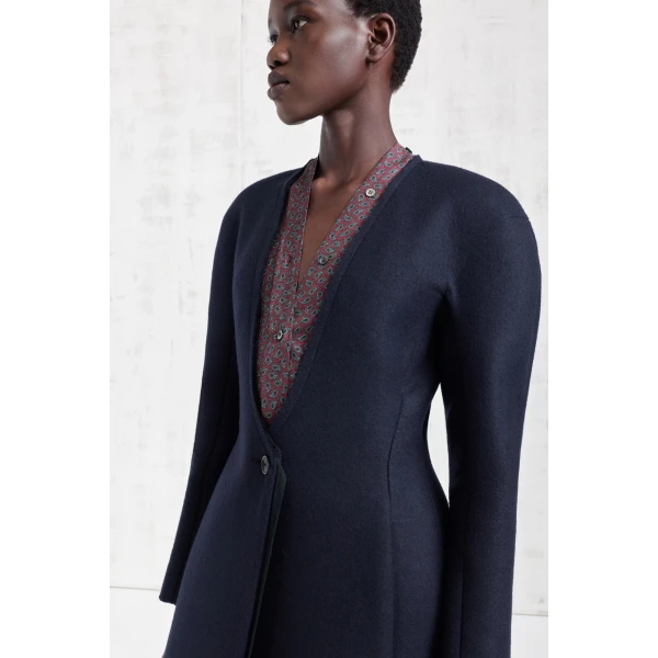 Maison Margiela Collarless Virgin Wool Coat in Navy Blue | Wool Coat | Coveti