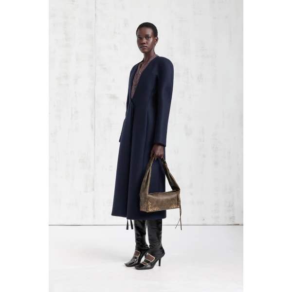 Maison Margiela Collarless Virgin Wool Coat in Navy Blue | Wool Coat | Coveti