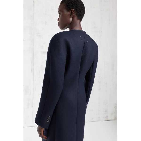 Maison Margiela Collarless Virgin Wool Coat in Navy Blue | Wool Coat | Coveti